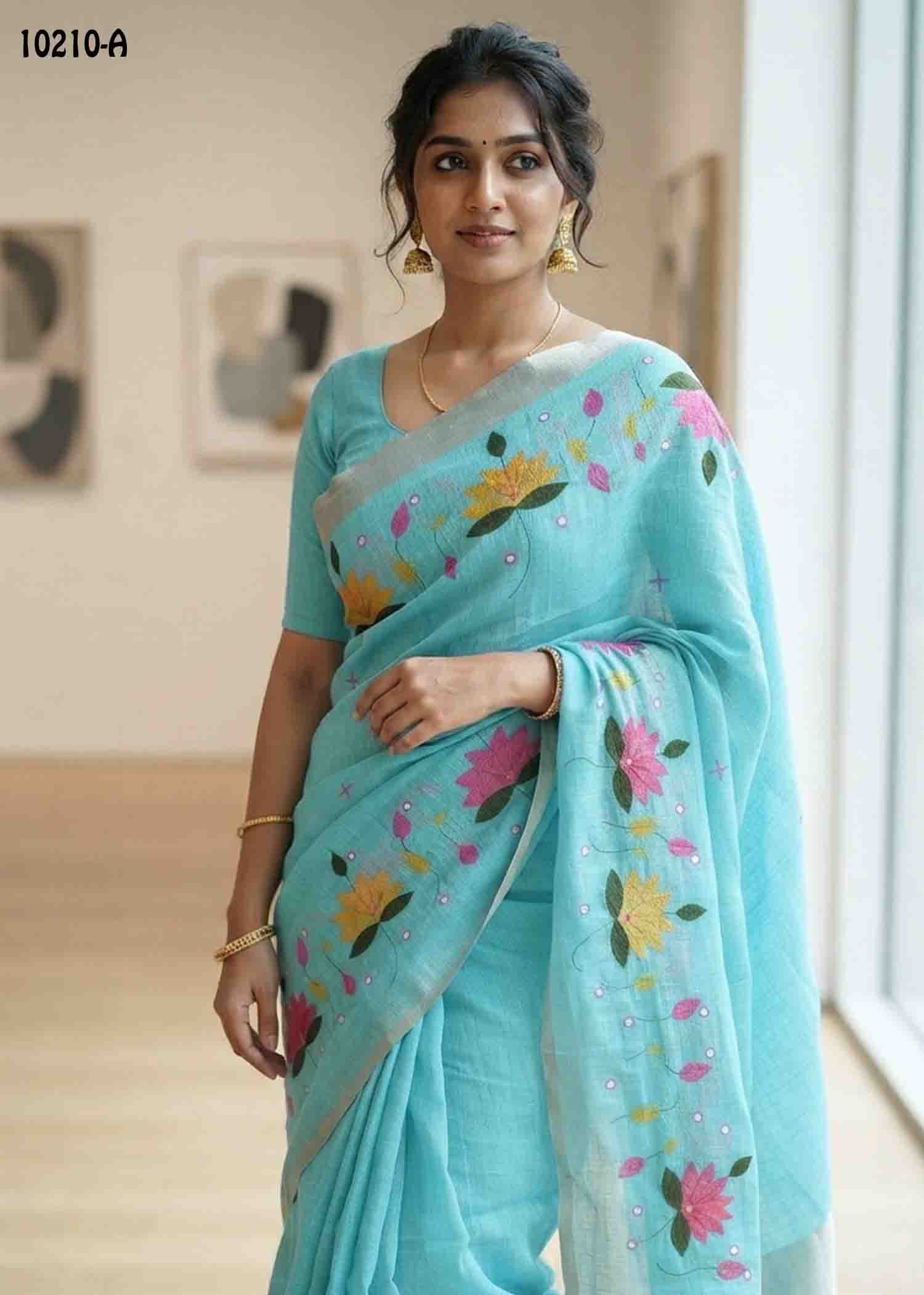 Yazhini -10210-A Skyblue Color Trendy Linen Cotton Saree CM1477625 (LR1D)